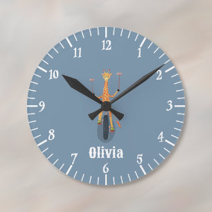 Giraffe auf einem Einrad Blaue Kinderzimmer-Wanduh Runde Wanduhr