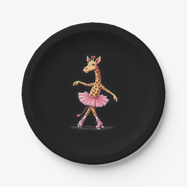 Giraffe auf Roller-Skaten in rosa Tutu-Tank-Oben Pappteller (Vorderseite)