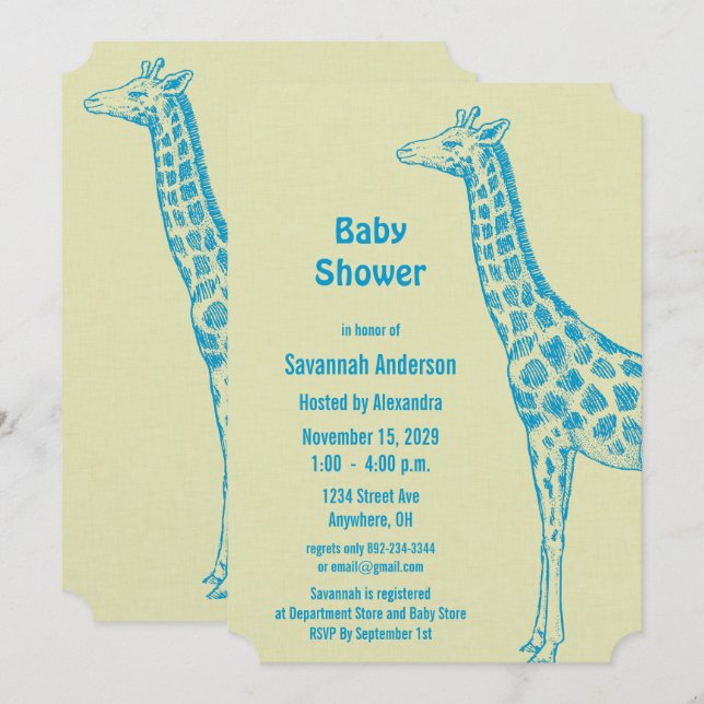Giraffe Baby Boy Shower Invitations (Devant / Derrière)
