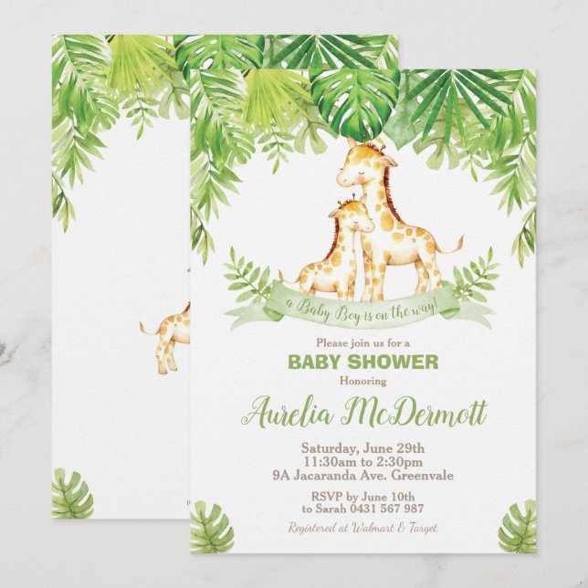 Giraffe Baby Dusche Jungle Animals Baby Boy Green Einladung (Vorne/Hinten)