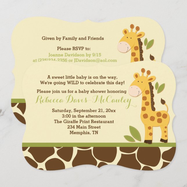 Giraffe Baby Duwer Invitation Gender Neutral Einladung (Vorne/Hinten)