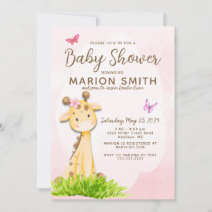 Giraffe Baby Girl Douche Aquarelle Invitation