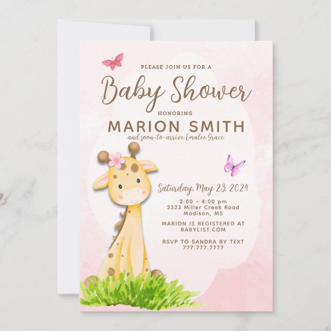 Giraffe Baby Girl Dusche Aquarell Einladung (Vorderseite)