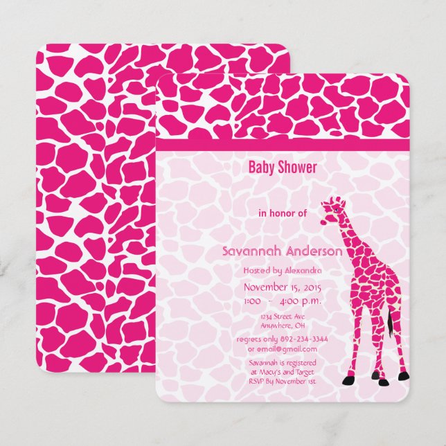 Giraffe Baby Girl PINK Moderne Pattern Baby Dusche Einladung (Vorne/Hinten)