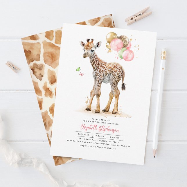 Giraffe Baby Pink Brown Gold Green Baby Dusche Einladung (Von Creator hochgeladen)