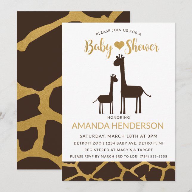 Giraffe Baby Shower Einladung Brown & Gold (Vorne/Hinten)