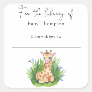 Giraffe - Baby-Shower-Exlibris, Bücher für Baby Quadratischer Aufkleber