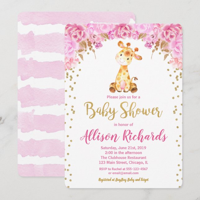 Giraffe baby shower invitation fille or rose (Devant / Derrière)