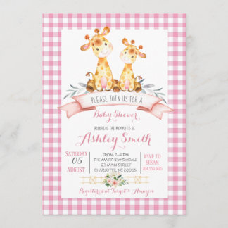 Giraffe baby shower invitation fille rose