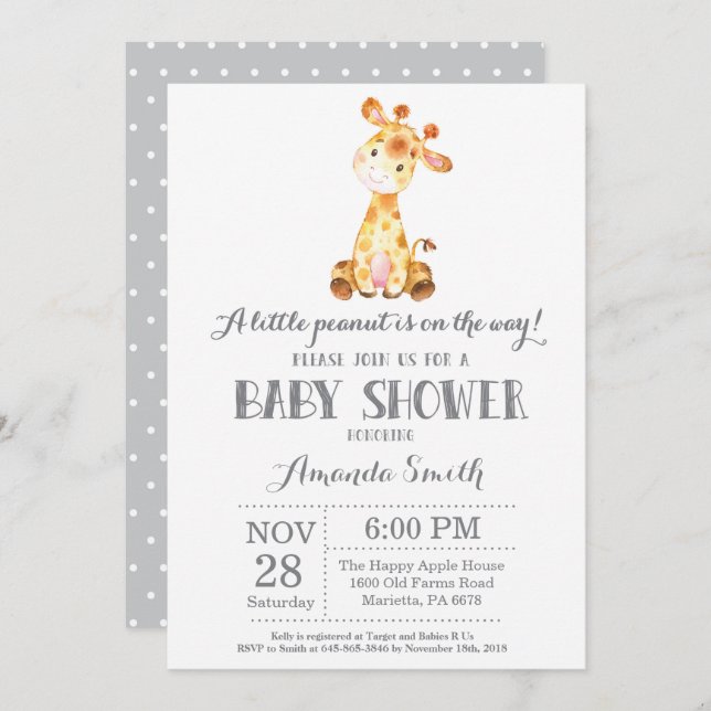 Giraffe Baby shower Invitation Gris (Devant / Derrière)
