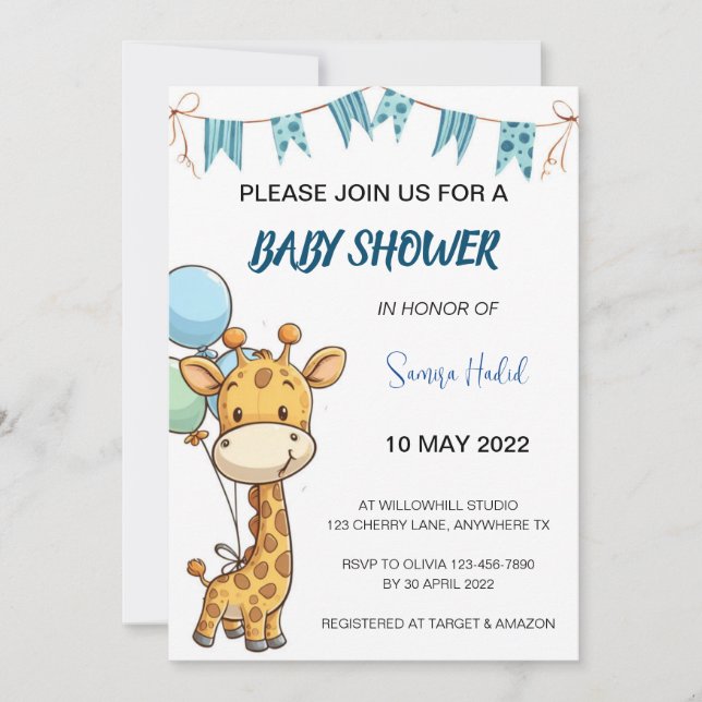 Giraffe Baby Shower - Junge Einladung (Vorderseite)