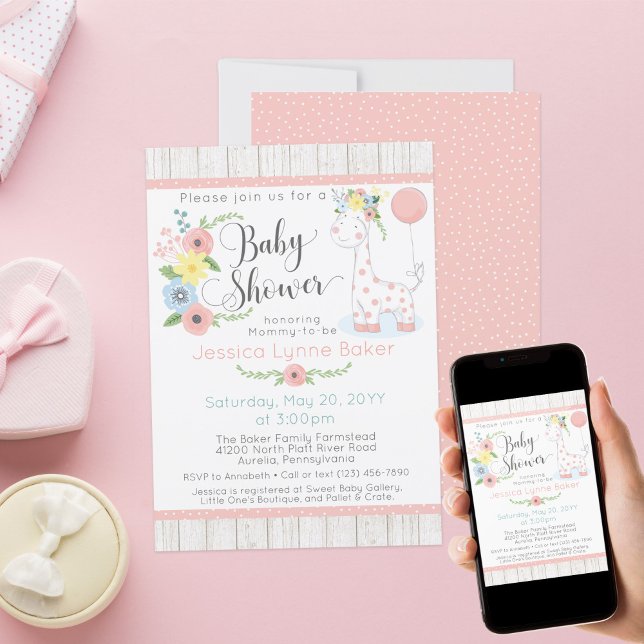 Giraffe Baby Shower | Niedliches Blumenholz und ru Einladung (Von Creator hochgeladen)