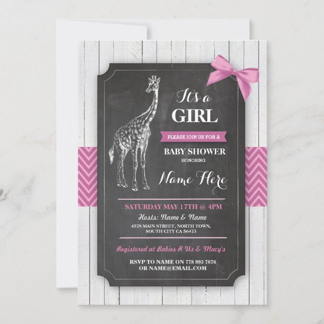 Giraffe Baby shower rose Filles Invitation de bois (Devant)