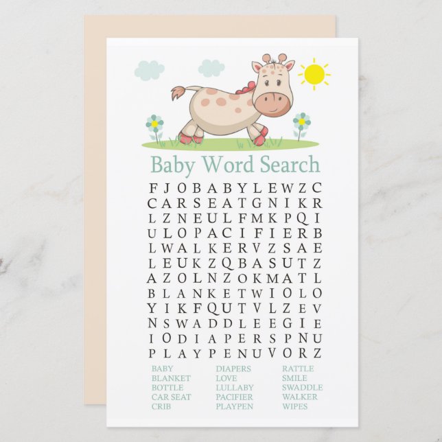 Giraffe Baby Shower Word Search Game (Vorne/Hinten)