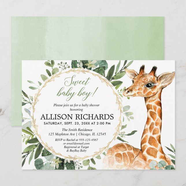 Giraffe Babydusche für Junge, Sweet-Baby-Junge-Dsc Einladung (Vorne/Hinten)