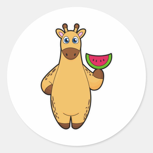 Giraffe beim Essen mit Watermelon Runder Aufkleber (Vorderseite)