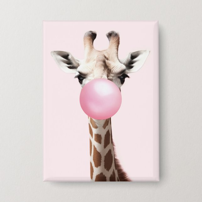 Giraffe bläst Pink Bubble Gum Whimsical Art Button (Vorderseite)