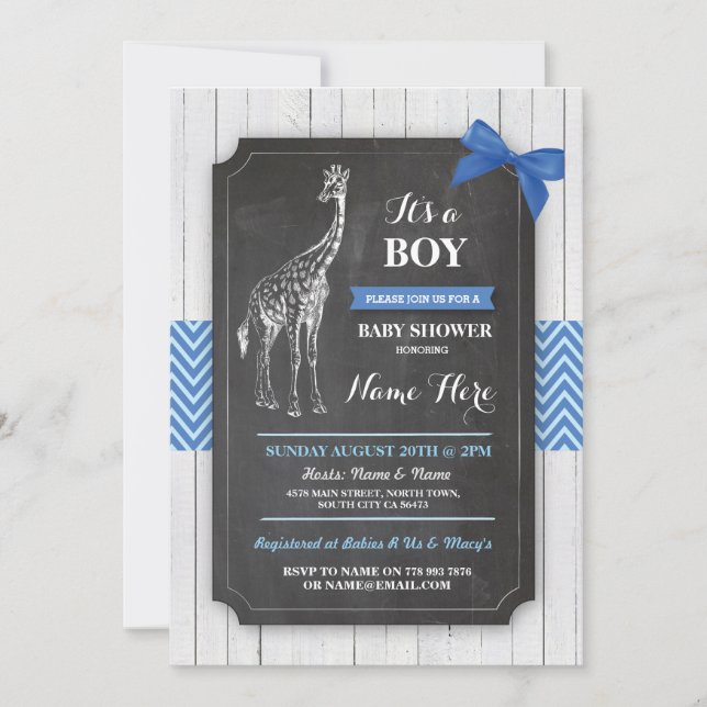 Giraffe Blue Baby Dusche Party Boy Wood Einladung (Vorderseite)