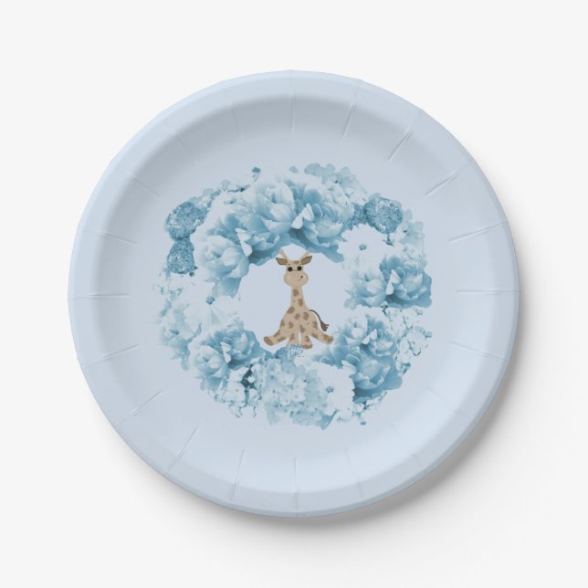 Giraffe Blue Floral Wreath Paper Tellers Pappteller (Vorderseite)