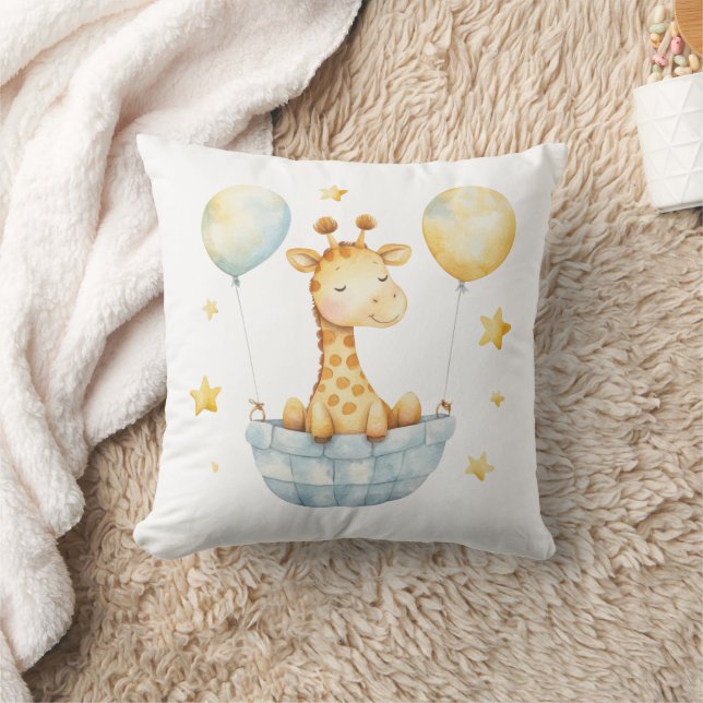 Giraffe Blue Yellow Basket Balloons Boys Kinderzim Kissen (Decke)