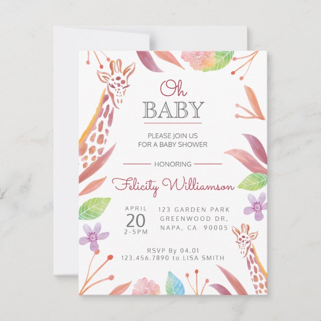 Giraffe Botanique Safari Baby shower Invitation (Devant)