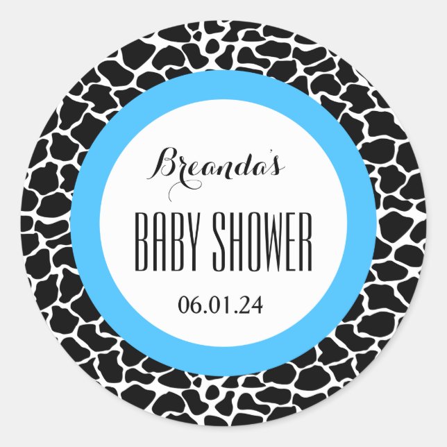 GIRAFFE Boy Baby Shower Name Datum V07 BLUE Runder Aufkleber (Vorderseite)