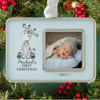 Giraffe Boys Baby's First Christmas Foto Ornament Rahmen-Ornament Silber