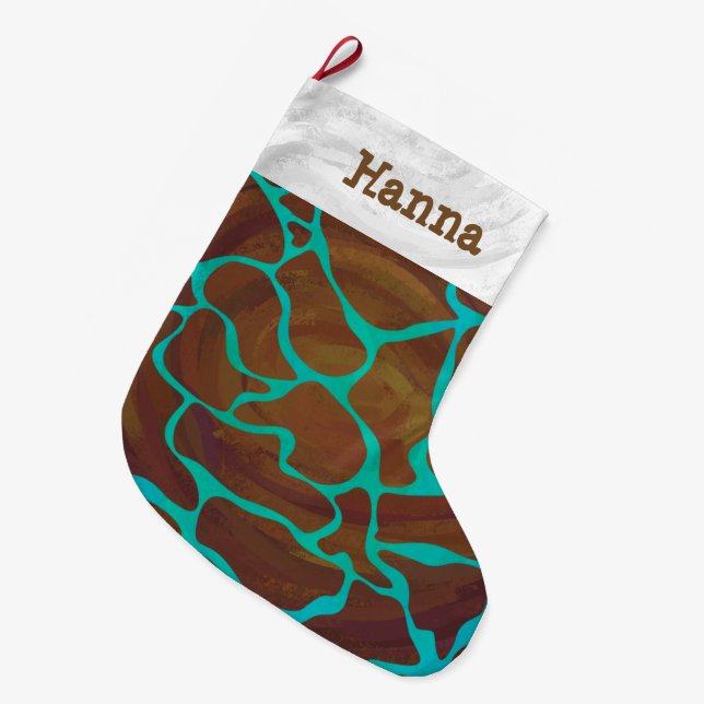 Giraffe, braun und Aquamarin Großer Weihnachtsstrumpf (Vorderansicht (hängend))