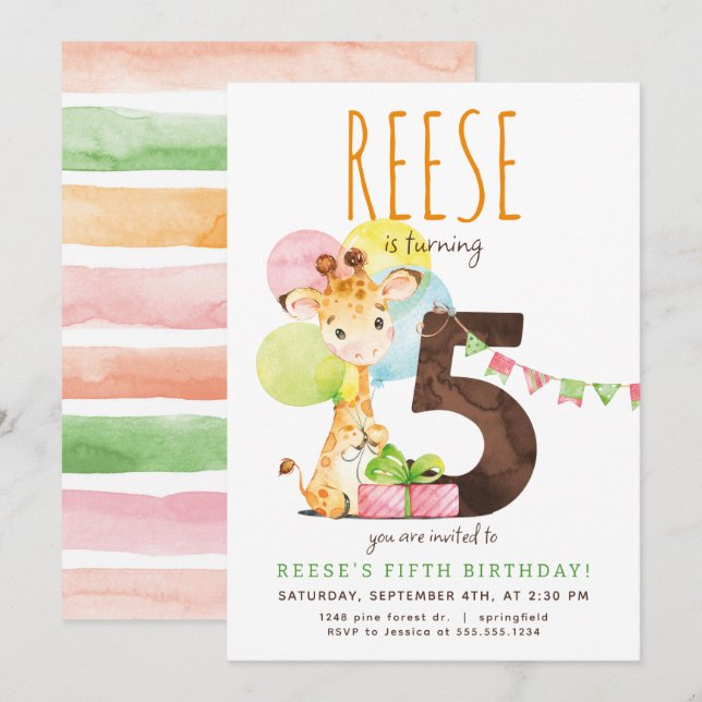 Giraffe Cinquième anniversaire Fête Invitation (Devant / Derrière)