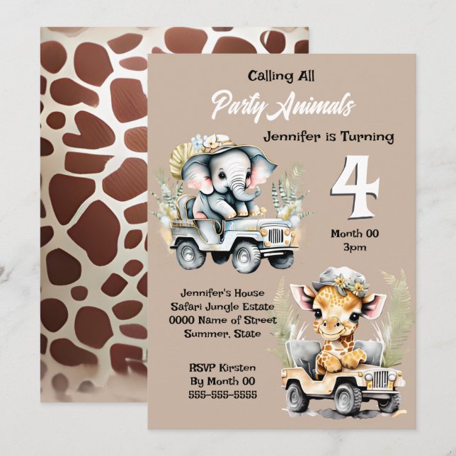 Giraffe Elefantenjungle Safari Wildtiere Kinder Einladung (Vorne/Hinten)