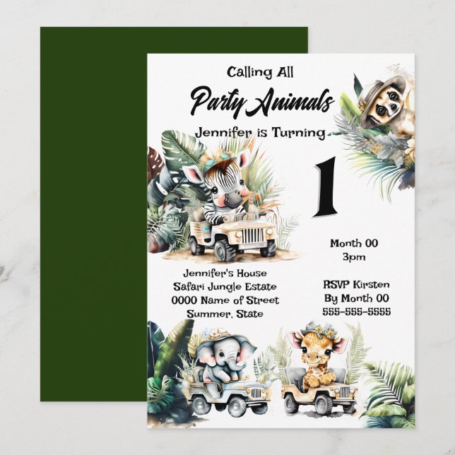 Giraffe Elefantenjungle Safari Wildtiere Zebra Einladung (Vorne/Hinten)