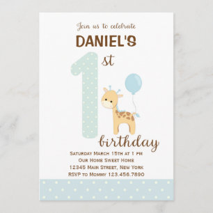 Giraffe Erster Geburtstag Einladung (blau)