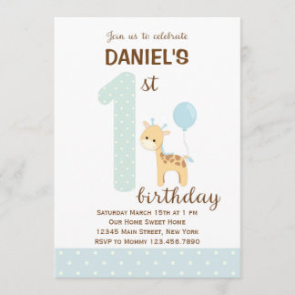 Giraffe Erster Geburtstag Einladung (blau)