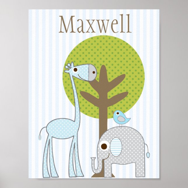 Giraffe et Elephant bleu Boy poster chambre bébé (Devant)