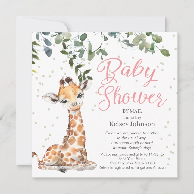 Giraffe Eucalyptus Greenery Pink Baby Shower Einladung (Vorderseite)
