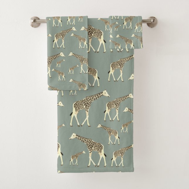 Giraffe Exotic Animal Pattern Sage Green Badhandtuch Set (Insitu)