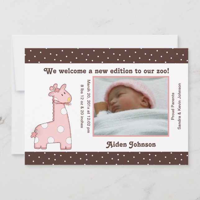 Giraffe Faire-part de naissance (rose) (Devant)