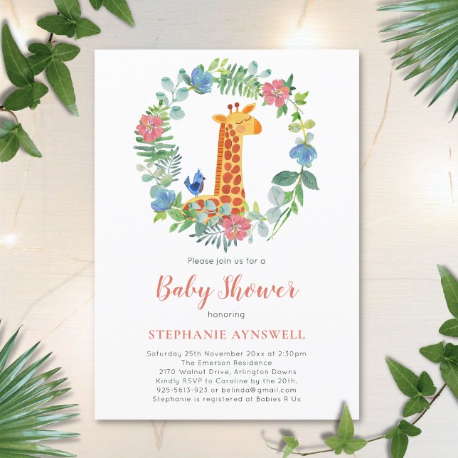 Giraffe & Floral Wreath Baby shower Invitation (Créateur téléchargé)