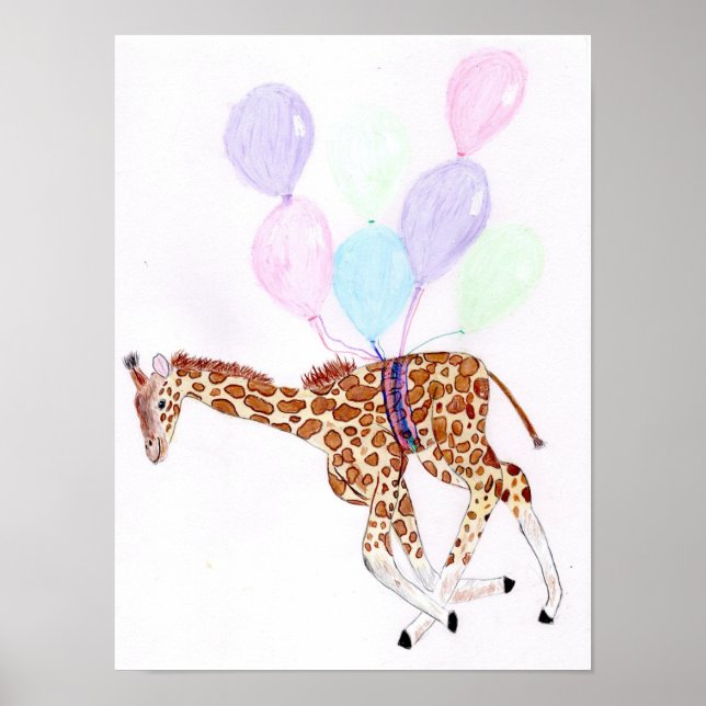 Giraffe flying with some balloons Poster (Vorne)