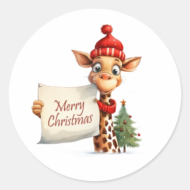 Giraffe Frohe Weihnachten Runder Aufkleber (Vorderseite)