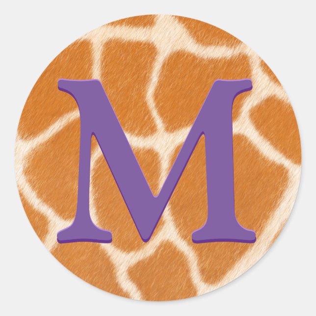 Giraffe Fur Animal Print Dark Lila Mit Monogramm Runder Aufkleber (Vorderseite)