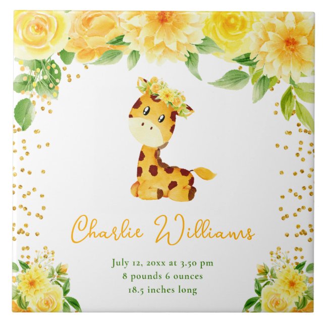 Giraffe Gelbe Blumen Geburtsstatistik Fliese (Vorderseite)