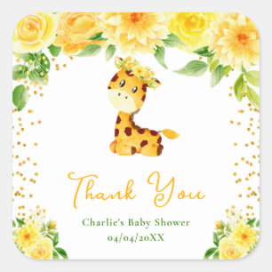 Giraffe Gelbe Florale Babyparty Danke Quadratischer Aufkleber