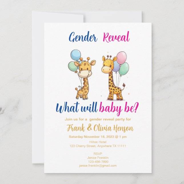 Giraffe Gender Reveal mit Balloons Einladung (Vorderseite)