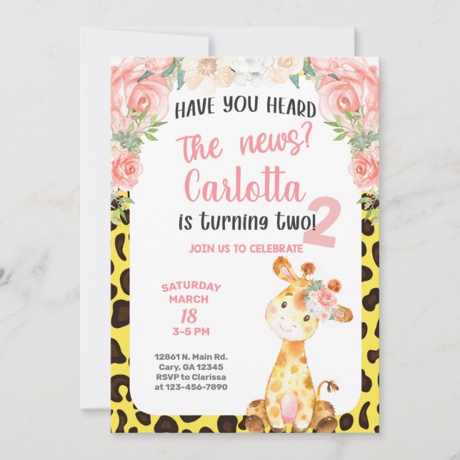Giraffe girl 2nd, invitation de deuxième anniversa (Devant)