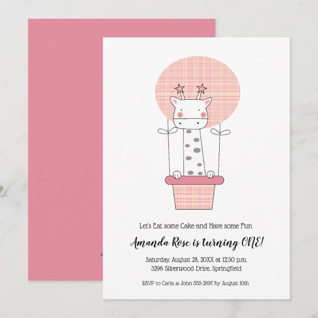 Giraffe Girl Erster Geburtstag Einladung (Vorne/Hinten)