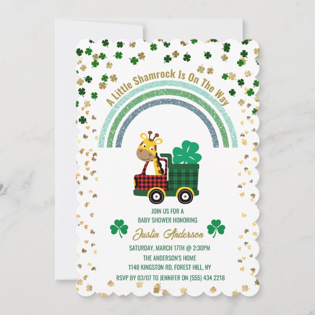 Giraffe Gold Leprechaun Clover Rainbow Baby Shower Einladung (Vorderseite)
