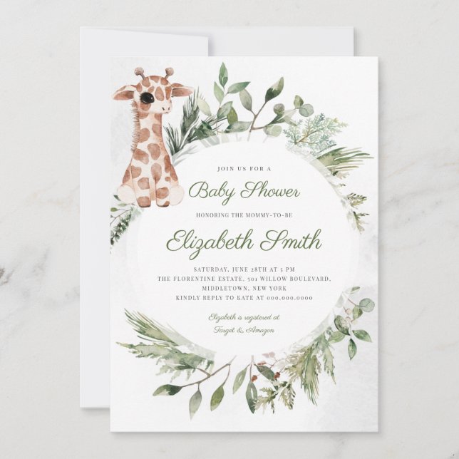 Giraffe Greenery Gender Neutral Animal Baby Shower Einladung (Vorderseite)