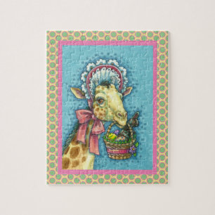 GIRAFFE IM NIEDLICHEN FRÜHJAHRESBONNET, EGG BASKET