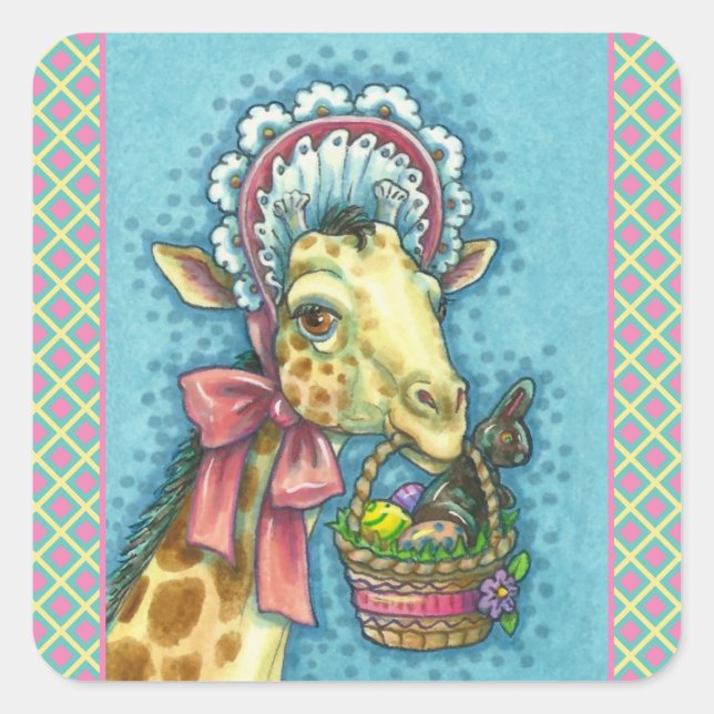 GIRAFFE IM NIEDLICHEN FRÜHJAHRESBONNET, EGG BASKET QUADRATISCHER AUFKLEBER (Vorderseite)